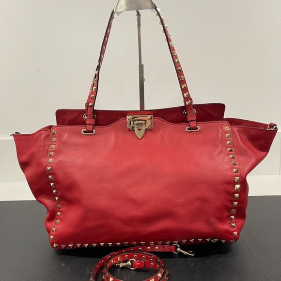 Valentino Red Leather Rockstud Trapeze Large Tote Bag (JB1090) - Picture 1 of 10